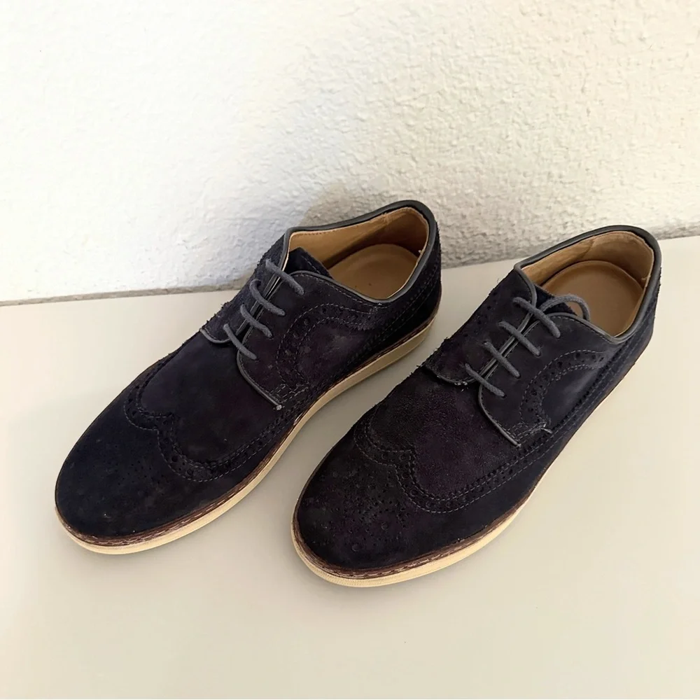 Men's MASSIMO DUTTI Suede Wingtip Oxford‎ Shoes Lace-Up Perforated Loafer Navy